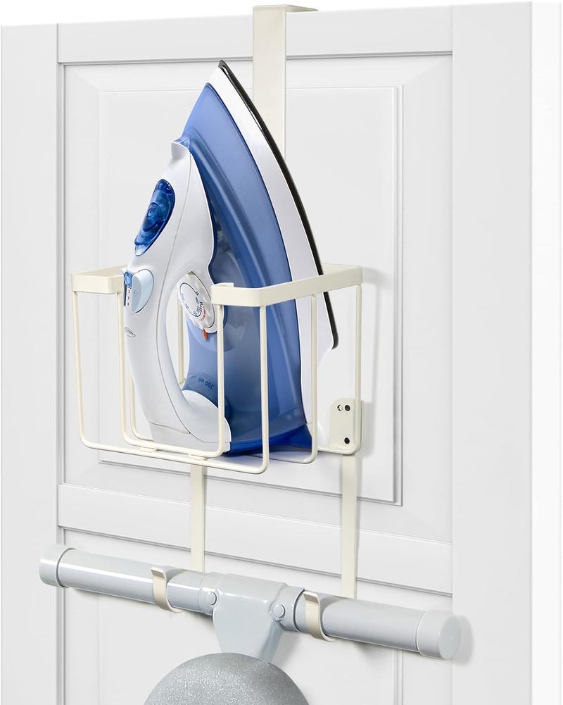 ORLESS Over The Door/Wall Mount Ironing Board Hanger, Laundry Room Iron and Ironing Caddy Board Storage Holder White - Image 1